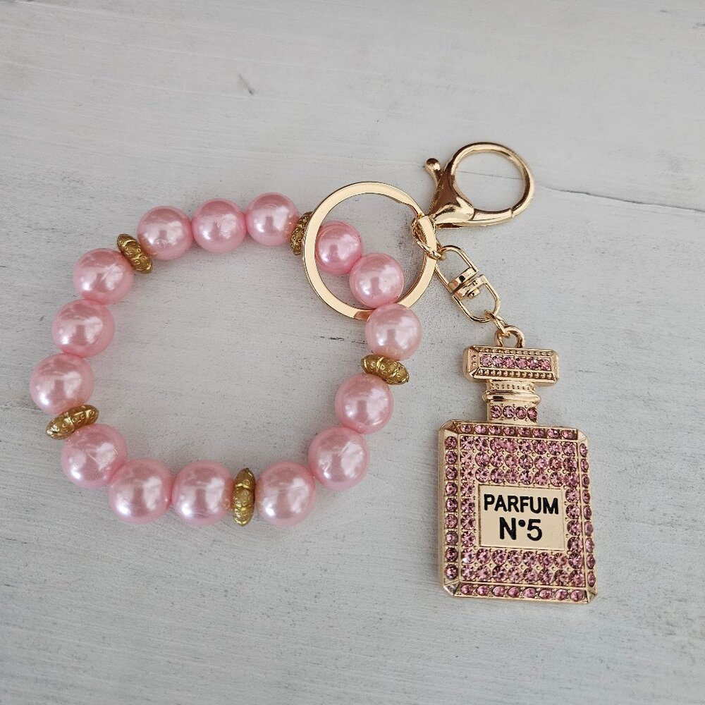 Pink Rhinestone Perfume Bottle Key Chain Purse Pull Unbranded